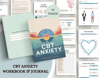 May include: A CBT Anxiety Workbook & Journal with a blue brain graphic over a sunset scene. The journal is titled "CBT ANXIETY Workbook & Journal" and has 69 pages. A light green notebook is also visible.