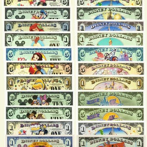 May include: A collection of Disney Dollars in various denominations, featuring beloved Disney characters like Mickey Mouse, Donald Duck, and Snow White. Each bill showcases unique artwork and the "Disney Dollars" logo.