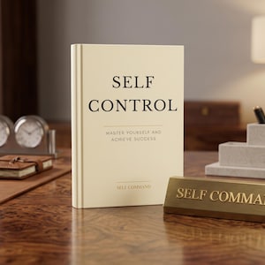 Può includere: Un libro con copertina rigida color crema intitolato SELF CONTROL MASTER YOURSELF AND ACHIEVE SUCCESS con il testo SELF COMMAND in basso, posizionato accanto a una targhetta da scrivania dorata che riporta anch'essa SELF COMMAND.