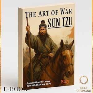 Könnte beinhalten: E-Book-Cover von "The Art of War" von Sun Tzu. Das Cover zeigt eine Illustration eines Mannes auf einem Pferd, der einen Stab hält, mit dem Text "The Art of War Sun Tzu" und "Translated from the Chinese By LIONEL GILES, MA. (1910)".
