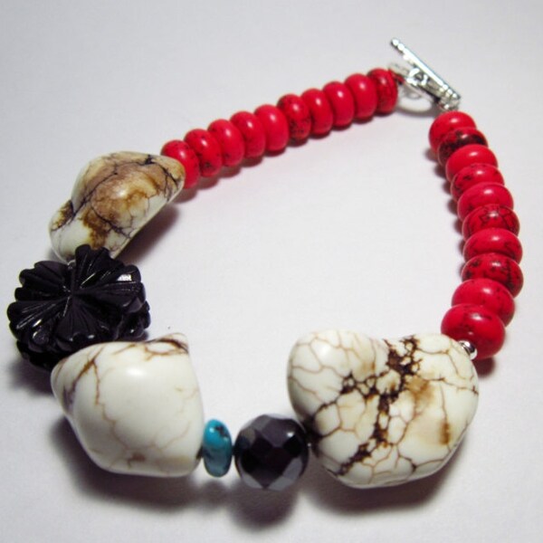 White & Pink Magnesite, Turquoise, Black Agate, Hematite: Maggie Bracelet - OOAK