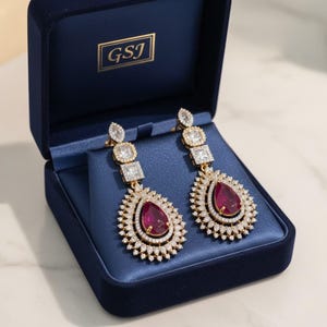 May include: A pair of gold drop earrings featuring a central pear-shaped red gemstone surrounded by a halo of small white stones, with two square stones above, all resting in a navy blue velvet jewellery box with the gold text GSJ on the lid.