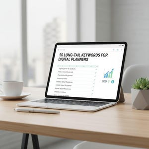 May include: A laptop displaying "50 LONG-TAIL KEYWORDS FOR DIGITAL PLANNERS" on the screen. The screen shows a list of keywords with checkmarks. A white coffee cup, a pen, and a small potted plant are on the wooden desk.