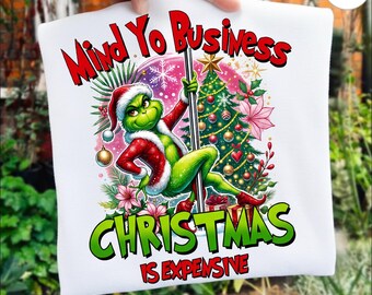 Kümmern Sie sich um Ihr Geschäft Png, Weihnachten, Kampf, um teuer zu sein, lustiger sarkastischer Png, Weihnachtsmannmütze, Weihnachtsurlaub, lustiger grüner Kerl Weihnachtsfilm Png