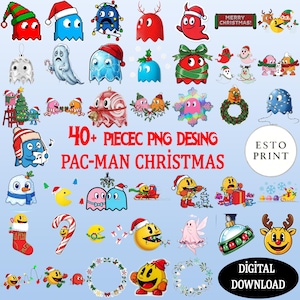 Könnte beinhalten: Eine Sammlung farbenfroher PNG-Designs zum Thema Pac-Man Weihnachten. Das Bild zeigt verschiedene Pac-Man-Charaktere und Geister, die mit Weihnachtsmützen, Ornamenten und festlichen Dekorationen geschmückt sind. Der Text enthält "40+ PIECEC PNG DESING PAC-MAN CHRISTMAS" und "DIGITAL DOWNLOAD".