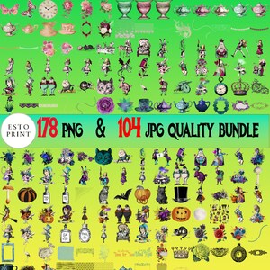 May include: A digital art bundle featuring illustrations inspired by Alice in Wonderland. The collection includes various characters, clocks, teacups, and floral elements. The text reads "178 PNG & 104 JPG QUALITY BUNDLE". The background has a gradient of green and yellow.