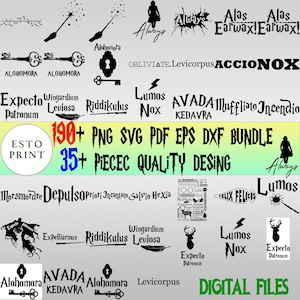 HP Magiska Spells Bundle – 190+ Png Svg Pdf Eps Dxf-filer med 35+ trollkarlscitat och trollformeldesigner