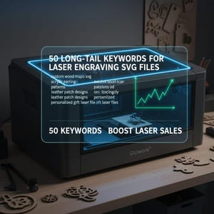 May include: A dark gray laser engraving machine with a glass door, displaying the text "50 LONG-TAIL KEYWORDS FOR LASER ENGRAVING SVG FILES" and "50 KEYWORDS BOOST LASER SALES". The machine sits on a wooden surface with laser-cut wooden shapes.