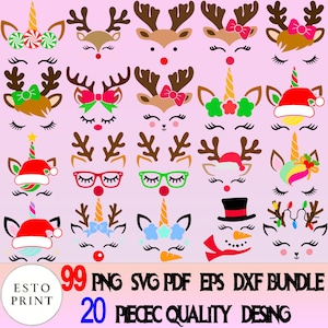 Christmas Face SVG Bundle: Unicorn, Reindeer, Snowman (20 Designs) (Digital Download)