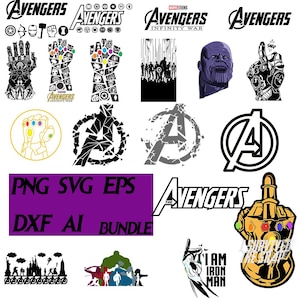 Könnte beinhalten: Eine Sammlung von Grafiken und Logos zum Thema Avengers. Enthält das Avengers-Logo, den Infinity-Handschuh, Thanos' Gesicht und Silhouetten von Charakteren. Das Bild enthält auch den Text "PNG SVG EPS DXF AI BUNDLE" und "I AM IRON MAN".
