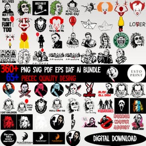 May include: A digital download bundle featuring over 360 PNG, SVG, PDF, EPS, DXF, and AI files. The designs include various horror movie characters and quotes, such as "You'll Float Too" and "Horror Movie Addict."