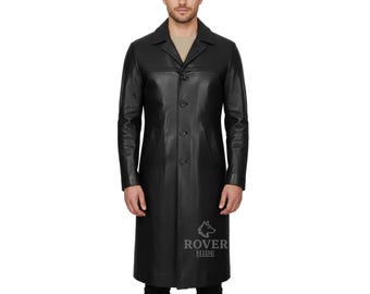 Men's Black Leather Long Coat | Genuine Leather Single Breasted Winter Overcoat