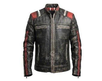 Mens Distressed Black Real Leather Cafe Racer Jacket – Vintage Retro Biker Motorcycle Jacket, Slim Fit Genuine Leather Coat