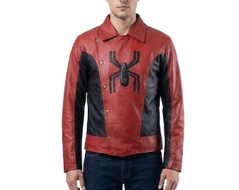 Spider Man Leather Jacket for Men, Peter Parker Cosplay Biker Jacket, Red Black Superhero Leather Coat
