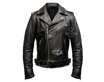 Men's Black Leather Biker Jacket | Genuine Leather Motorcycle Jacket | Classic Belted Rider Jacket