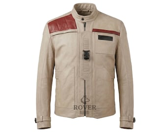Mens Star Wars Finn Beige Leather Jacket – Force Awakens Cosplay Costume, Slim Fit Biker Motorcycle Leather Coat