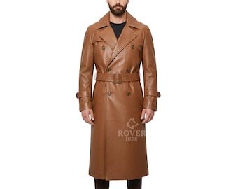 Gabardina de cuero marrón para hombre | Abrigo largo cruzado de cuero auténtico con cinturón