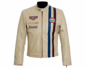 Steve McQueen Le Mans Gulf Racing Leather Jacket | Men’s Beige Cafe Racer Motorcycle Jacket, Vintage Motorsport Coat