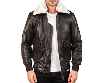 Mens Brown G1 Leather Bomber Jacket – Shearling Collar Aviator Flight Jacket, Vintage Pilot Style, Winter Warm Real Leather Coat