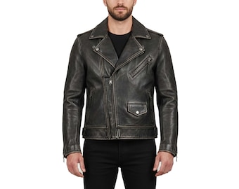 Mens Black Biker Leather Jacket | Real Leather Motorcycle Jacket | Vintage Cafe Racer Coat