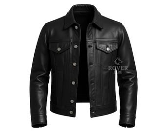 Men's Black Leather Jacket | Genuine Leather Trucker Jacket | Classic Button Style Leather Jacket