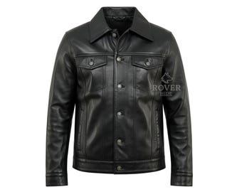 Men's Black Leather Trucker Jacket | Genuine Leather Button Up Jacket | Classic Slim Fit Leather Jacket