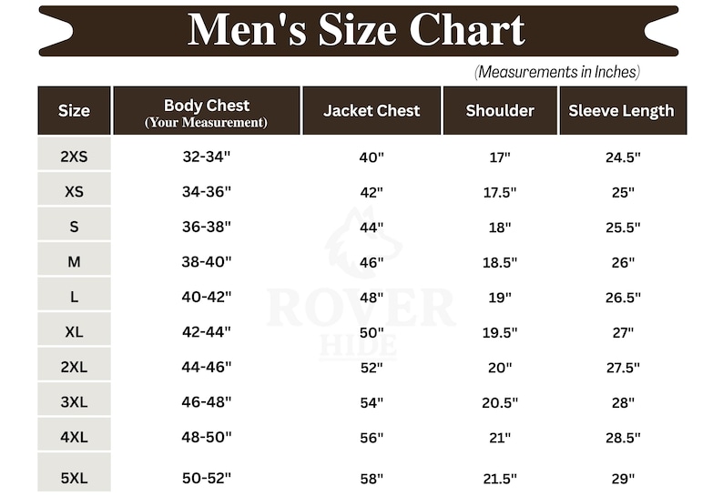 Puede incluir: Tabla de tallas para hombre con medidas en pulgadas. La tabla incluye tallas de 2XS a 5XL, detallando pecho, pecho de chaqueta, hombro y largo de manga. Dise&ntilde;ado para chaquetas.