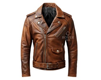 Men's Vintage Style Brown Leather Biker Jacket – Genuine Leather Moto Jacket with Belt