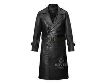 Men's Black Leather Trench Coat | Genuine Leather Long Coat | Belted Double Breasted Leather Overcoat
