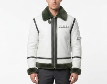 One Piece Smoker Jacket | White Shearling Leather Coat, Marine Anime Cosplay Jacket, Callum Kerr Inspired Coat for Men