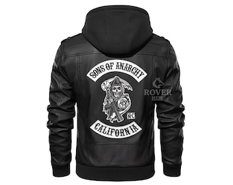 Sons of Anarchy Hooded Leather Jacket, SOA Black Biker Bomber Jacket for Men, Motorcycle Rider Leather Coat