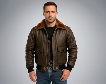 Men's G-1 Aviator Jacket | Navy Flight Leather Jacket with Fur Collar | Distressed Brown Bomber Pilot Jacket