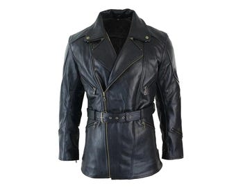 Mens Vintage Black Biker Leather Jacket | 3/4 Asymmetrical Motorcycle Coat, Retro Belted Moto Jacket for Men