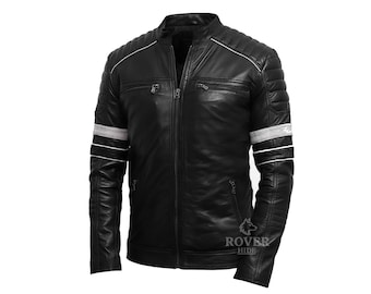 Men's Black Biker Leather Jacket | Genuine Leather Striped Motorcycle Jacket | Slim Fit Racing Style Leather Jacket