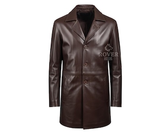 Men's Brown Leather Long Coat | Genuine Leather Overcoat | Classic Button Front Leather Trench Coat