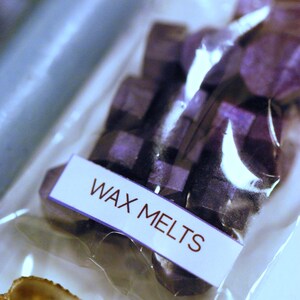 May include: A clear plastic bag containing purple wax melts. The label on the bag reads "WAX MELTS" in black text. The wax melts have a checkered pattern. Seashells are visible in the bottom of the image.