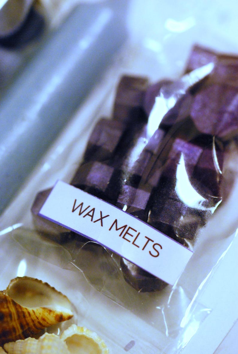 May include: A clear plastic bag containing purple wax melts. The label on the bag reads "WAX MELTS" in black text. The wax melts have a checkered pattern. Seashells are visible in the bottom of the image.