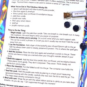 May include: An anti-anxiety spell jar kit with instructions. The kit includes a spell jar, amethyst crystals, blue lace agate, a pale blue candle, and other ingredients. The instructions are printed on a white paper with a holographic background.
