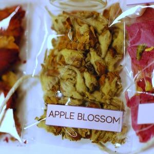 May include: Close-up of dried apple blossoms in a clear plastic bag. The label reads "APPLE BLOSSOM". The blossoms are a mix of light brown and yellow. Other bags with dried flowers are visible.