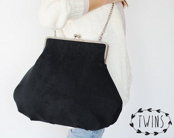 kiss lock Black bag/metal frame bag/standuot black bag/owersize frame bag