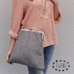 grey kiss lock bag/Clutch Black bag/metal frame bag/oversized frame bag/shoulder bag