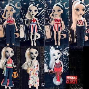 May include: A collection of fashion dolls with black and white hair, wearing various outfits. Some dolls are dressed in outfits featuring the Union Jack flag. Other dolls are wearing colorful tops, skirts, and pants. The dolls are posed against a dark background.