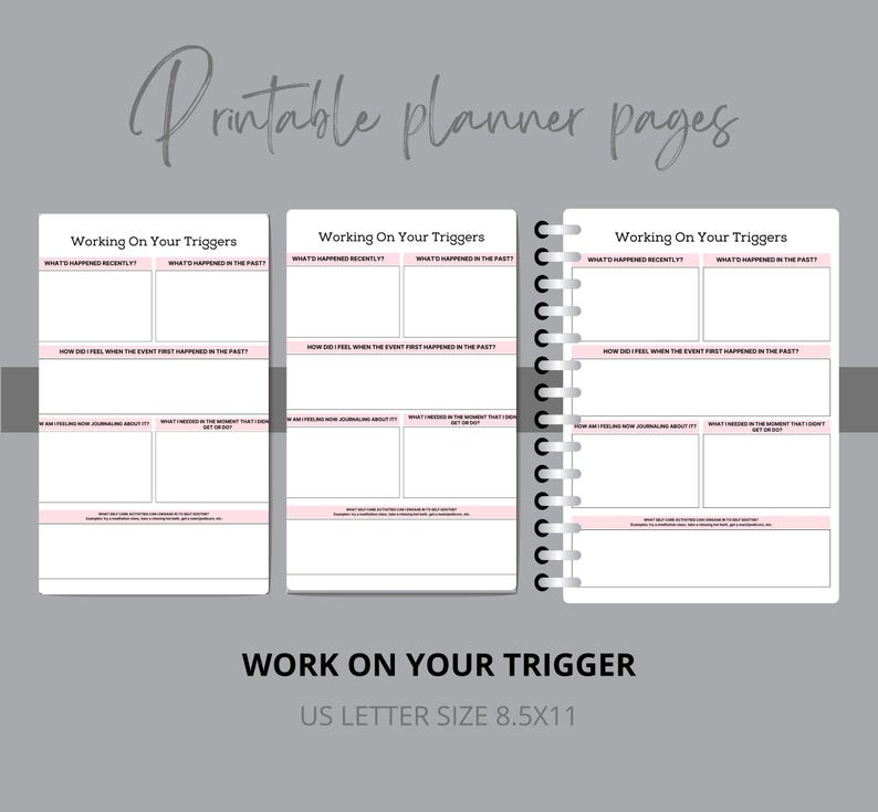 May include: Printable planner pages with the text "Working On Your Triggers" and prompts for journaling. The pages are white with pink accents and are spiral-bound. The text "US LETTER SIZE 8.5x11" is also visible.