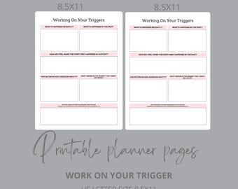 Trigger tracker, trigger processing, anxiety worksheet, self reflection journal page, therapy worksheet, PTSD tracker, editable template