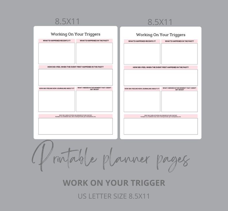 Trigger tracker, trigger processing, anxiety worksheet, self reflection journal page, therapy worksheet, PTSD tracker, editable template
