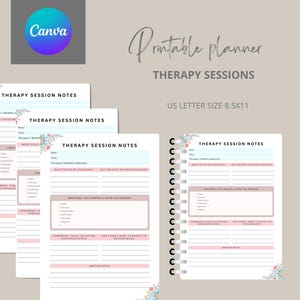Könnte beinhalten: Ein druckbarer Therapie-Sitzungsplaner mit floralem Design. Der Planer enthält Abschnitte für Notizen, Emotionen, Hausaufgaben und Besprechungsnotizen. Der Planer hat das US Letter-Format, ca. 21,6 x 27,9 cm.