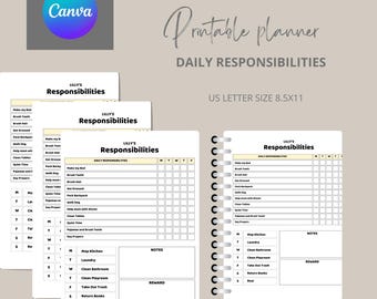 Bearbeitbare Verantwortungstabelle für Kinder | Druckbar | Kids Täglicher Wochenplan | Kids Putzliste | Checkliste für die tägliche Routine für Kinder | PDF-Datei