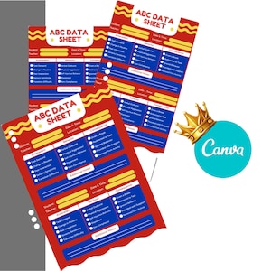 Op de afbeelding: Rode en gele ABC-gegevensbladen met blauwe en witte tekstvakken. De bladen hebben een golvende gele rand en de tekst "ABC DATA SHEET" in het wit. Een gouden kroon en een turquoise cirkel met het woord "Canva" staan in de afbeelding.