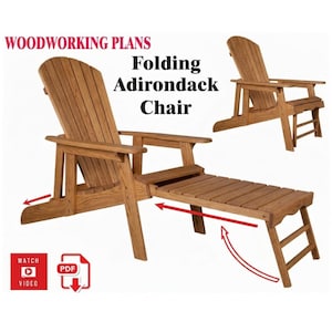 May include: A wooden folding Adirondack chair with an attached footrest. The chair is made of light brown wood and features a slatted back and seat. The image includes the text "WOODWORKING PLANS" and "Folding Adirondack Chair".