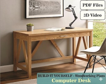 Planos para construir un escritorio de computadora, escritorio de escritura DIY con cajón, escritorio de estilo rústico moderno, descarga en PDF, ideal para principiantes.